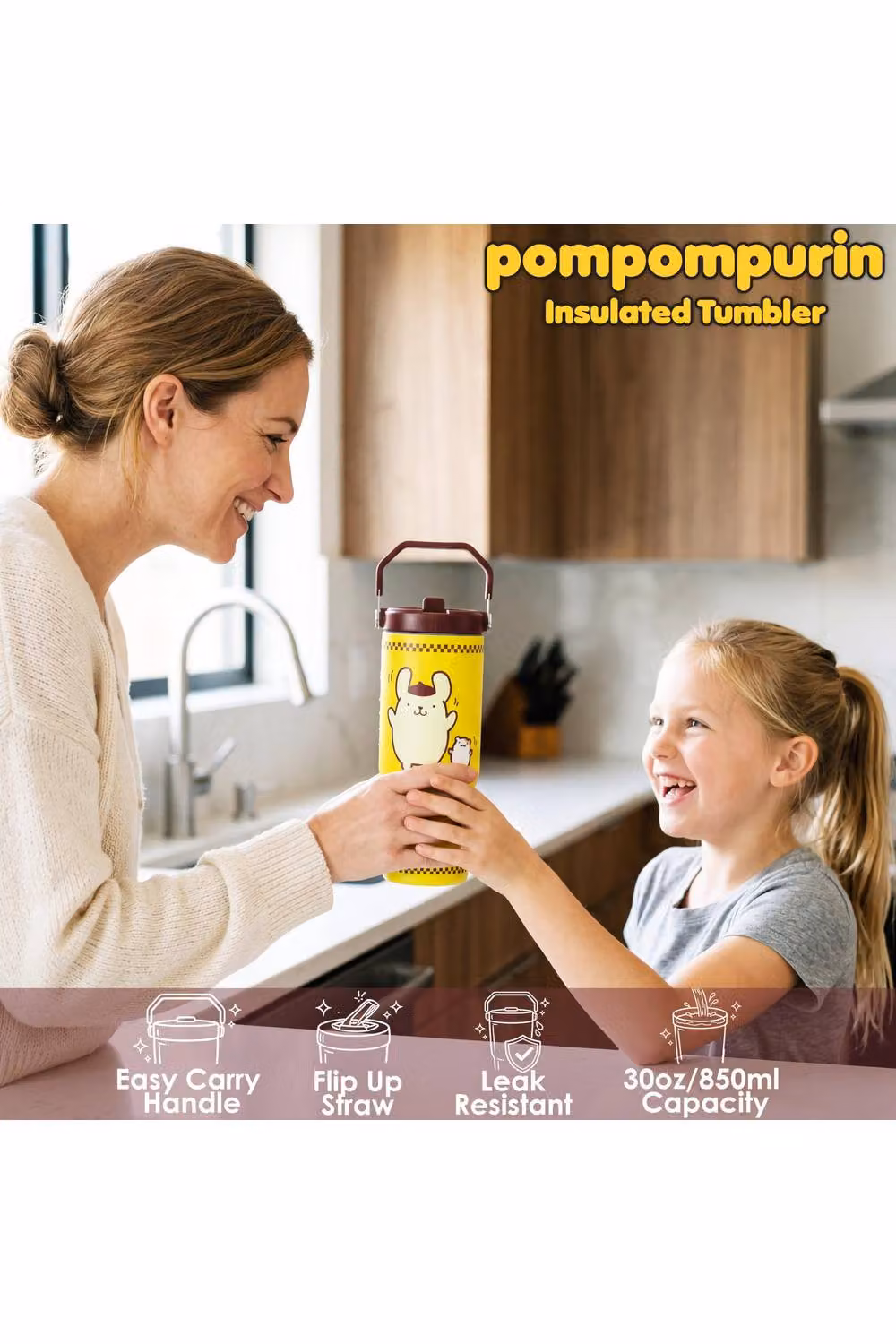 Get Trend Sanrio Pompompurin Insulated Stainless Steel Tumbler with Straw and Handle, Yellow, 850ml – 7