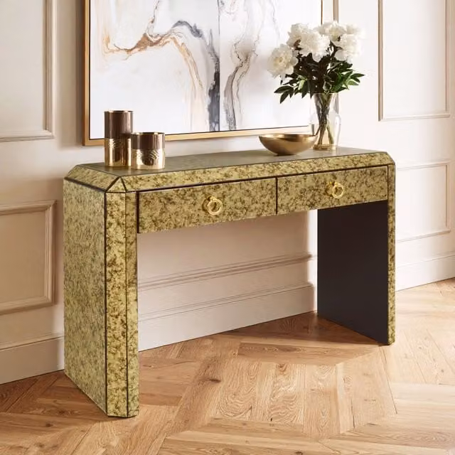 Orsina Modern Gold and Black Console Table with Two Drawers and Glass Top, W/D/H: 121 x 42 x 80 cm – 1