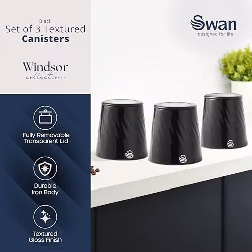 Swan Windsor Set of 3 Metal Canisters for Tea, Coffee and Sugar, Black, 1.3 l each – 2