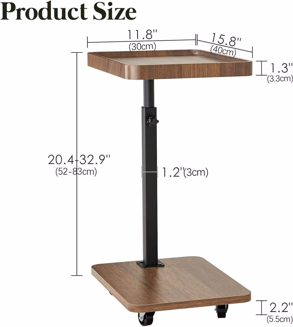 Huhote Height Adjustable C Shaped Swivel End Side Table with Castors in Brown – 2