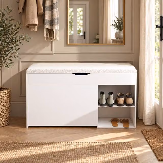 AKI HAUS White Hallway Shoe Storage Bench with Padded Fabric Seat, W: 100 cm, H: 52 cm, D: 30 cm