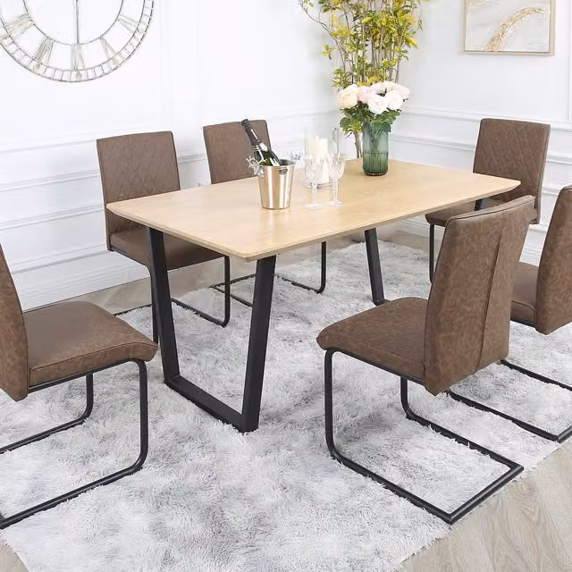 Home Garden Direct Oak Dining Table Set with 6 Nestor Industrial Chairs in Brown and Black