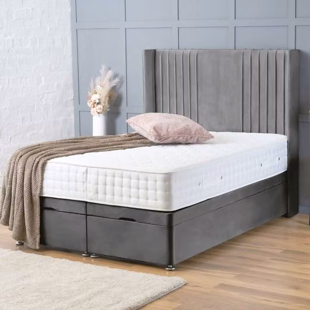 BSSPOKE Charlotte Ottoman Divan Bed in Grey Plush Velvet with 54 inch Headboard, W/D/H: 140 x 200 cm
