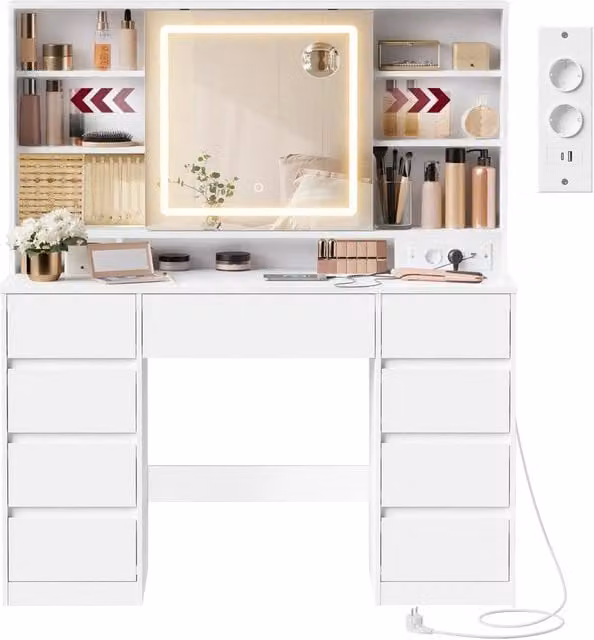 FORGEVIO Collection Modern White Glossy Dressing Table with Hollywood LED Mirror – 1