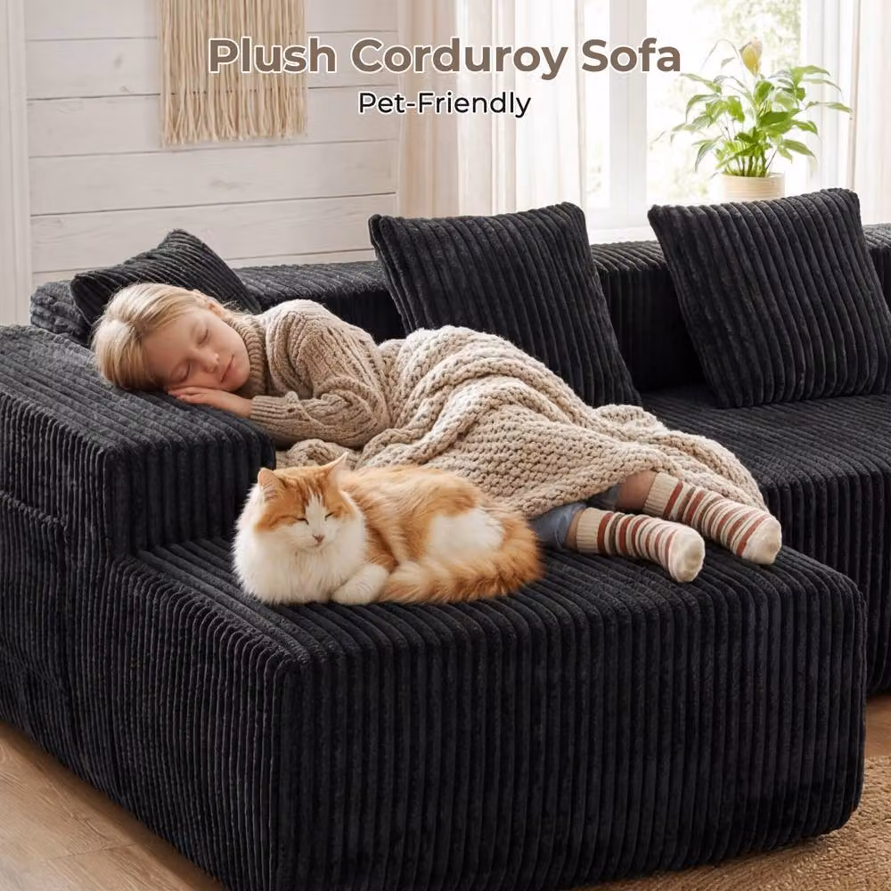Dprodo 4 Seater Modular Left L-Shaped Sectional Sofa in Black Velvet Cord Fabric, Width: 261 cm – 6