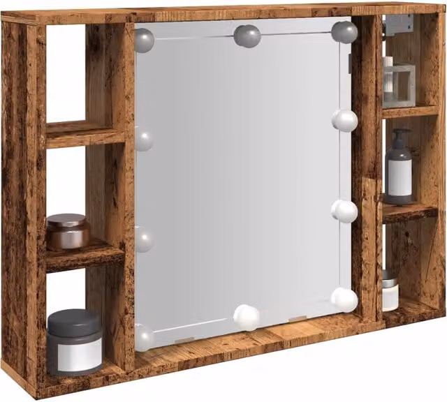 Berkfield Home Mirror Cabinet with LED Lighting in Old Wood Brown, W/D/H: 76 x 15 x 55 cm