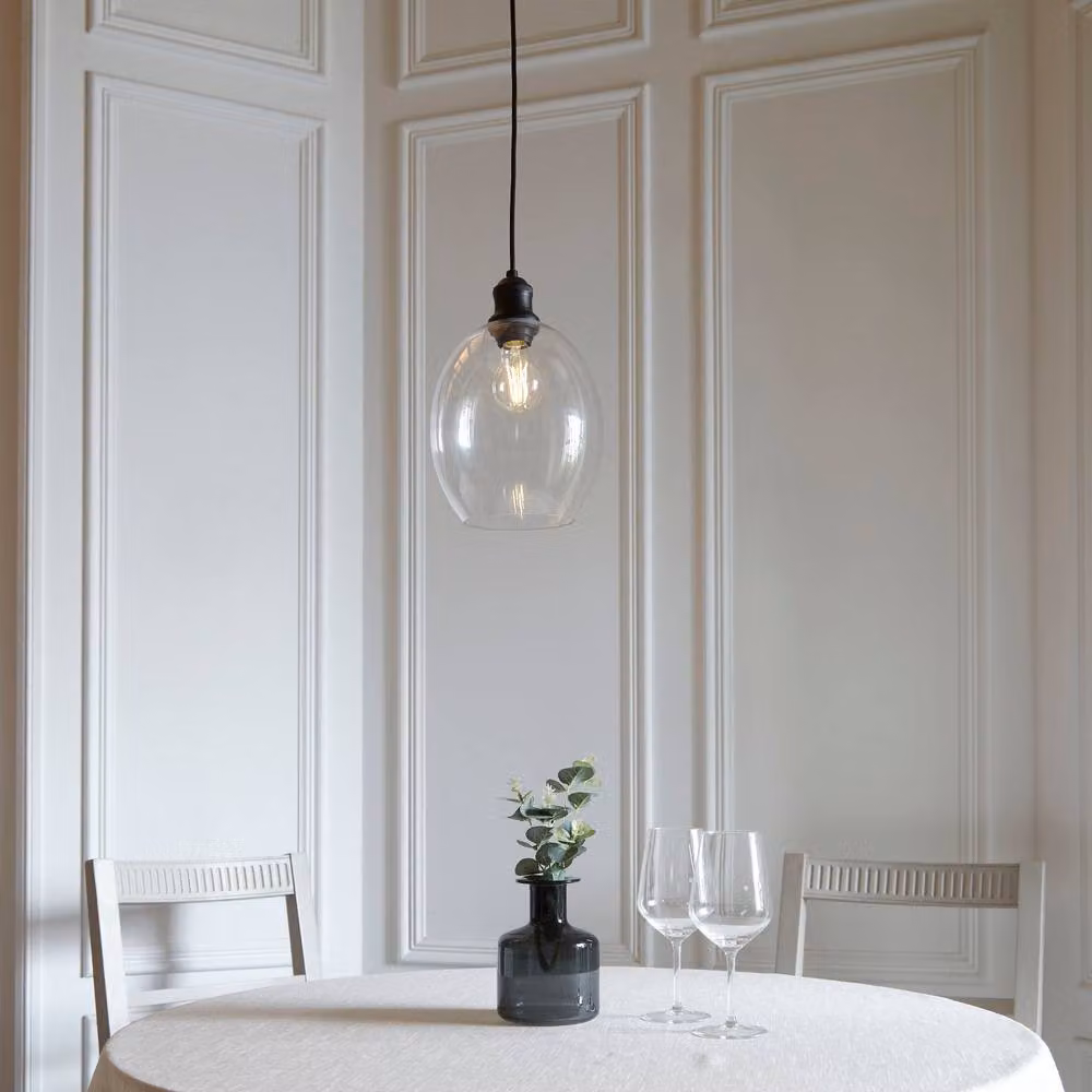 First Choice Lighting Blakely Set of 2 Retro Pendant Lights with Black Metal and Transparent Glass Shades – 2