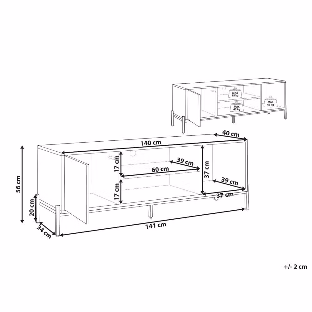 Wyld and Coco Modern TV Stand in Light Wood and Charcoal Grey with 1 Cabinet and 3 Shelves, W: 140 cm, D: 40 cm, H: 56 cm – 3