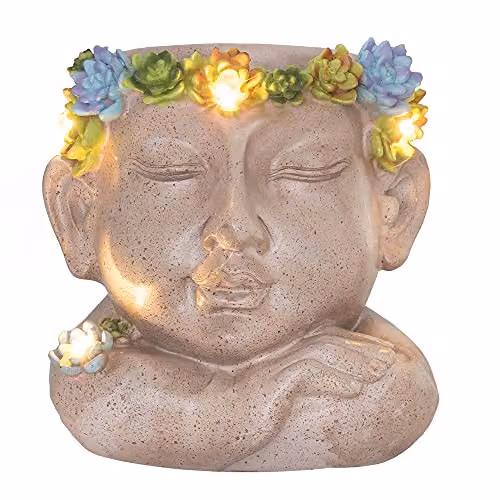 GloBrite Solar Face Plant Pot Light, Multicolour Waterproof Resin Outdoor Garden Ornament – 1