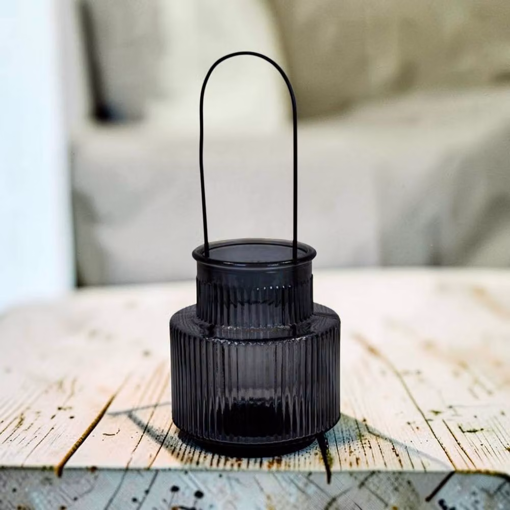 Four Candle Modern Round Pillar Candle Holder in Grey and Black with Metal and Glass Details – 2