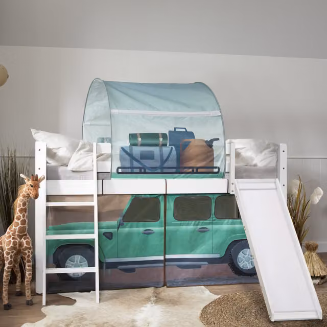 Noa and Nani Moro Cabin Bed with Slide and Safari Package in White Solid Pine Wood