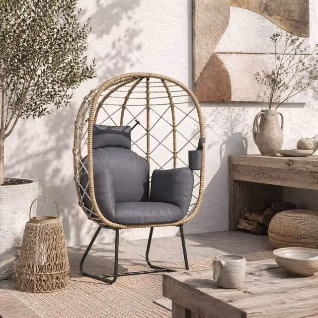 Wyld Haus Nepa Freestanding Rattan Egg Lounge Chair with Brown and Grey Cushions