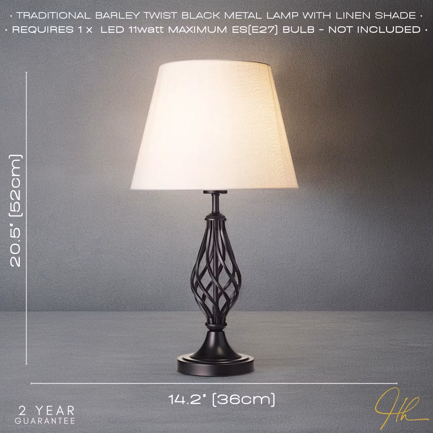 Happy Homewares Traditional Table Lamp with Barley Twist Base and Linen Shade in Black – 3