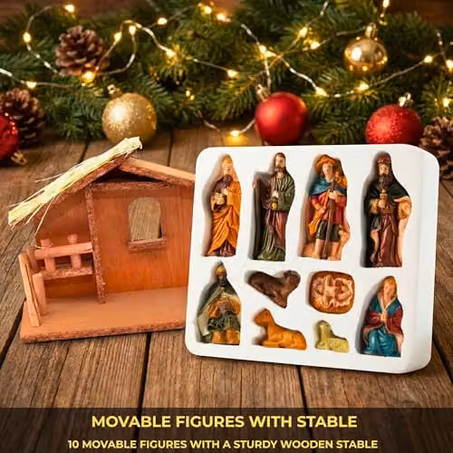 Shatchi Large Handmade Nativity Scene with Wooden Stable and 10-Piece Resin Figurine Set in Brown and Multicolour – 3