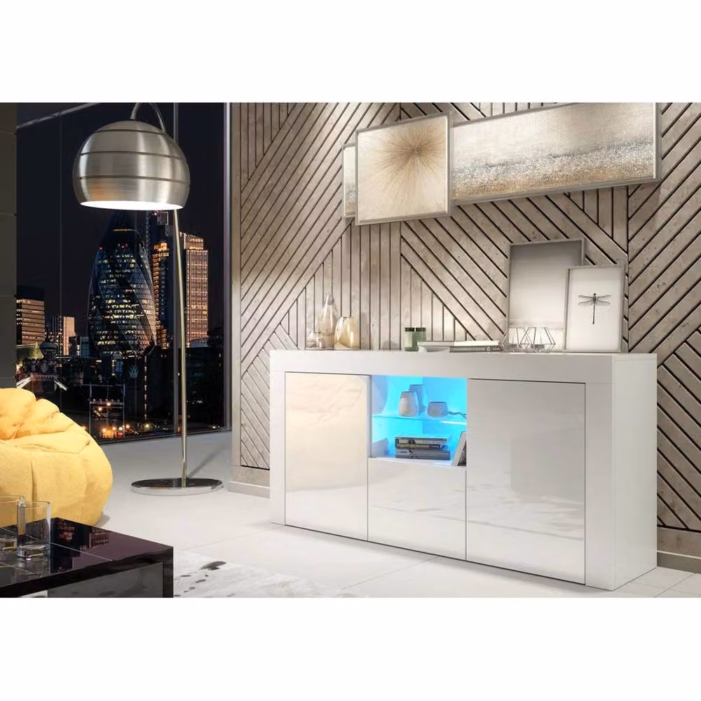 FORGEVIO Modern White TV Unit Cabinet with Glossy Doors and Integrated Lighting – 2