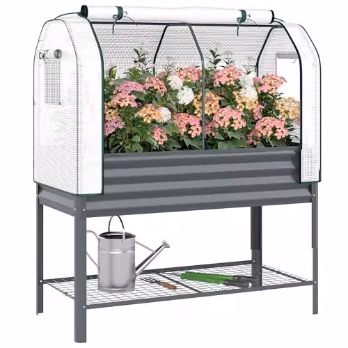 Outsunny Galvanised Steel Raised Planter with Greenhouse Cover, Grey, W/D/H: 120 x 140 x 55 cm