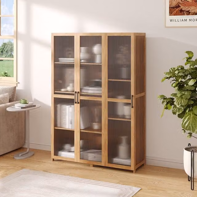 Livingandhome Modern Brown Wood Storage Cabinet with Glass Doors and Internal Shelves, Height: 90 cm