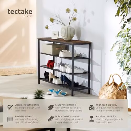 tectake 4-Tier Industrial Shoe Rack with Metal Frame and MDF Shelves in Black and Brown, W/D/H: 100 x 30.5 x 72.5 cm – 2