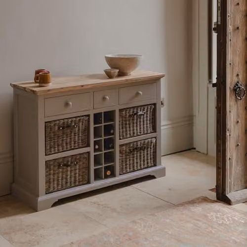 Florence Sideboard with 3 Drawers, 4 Storage Baskets and Wine Rack in Truffle, Acacia Wood Top, W/D/H: 120 x 42 x 85 cm