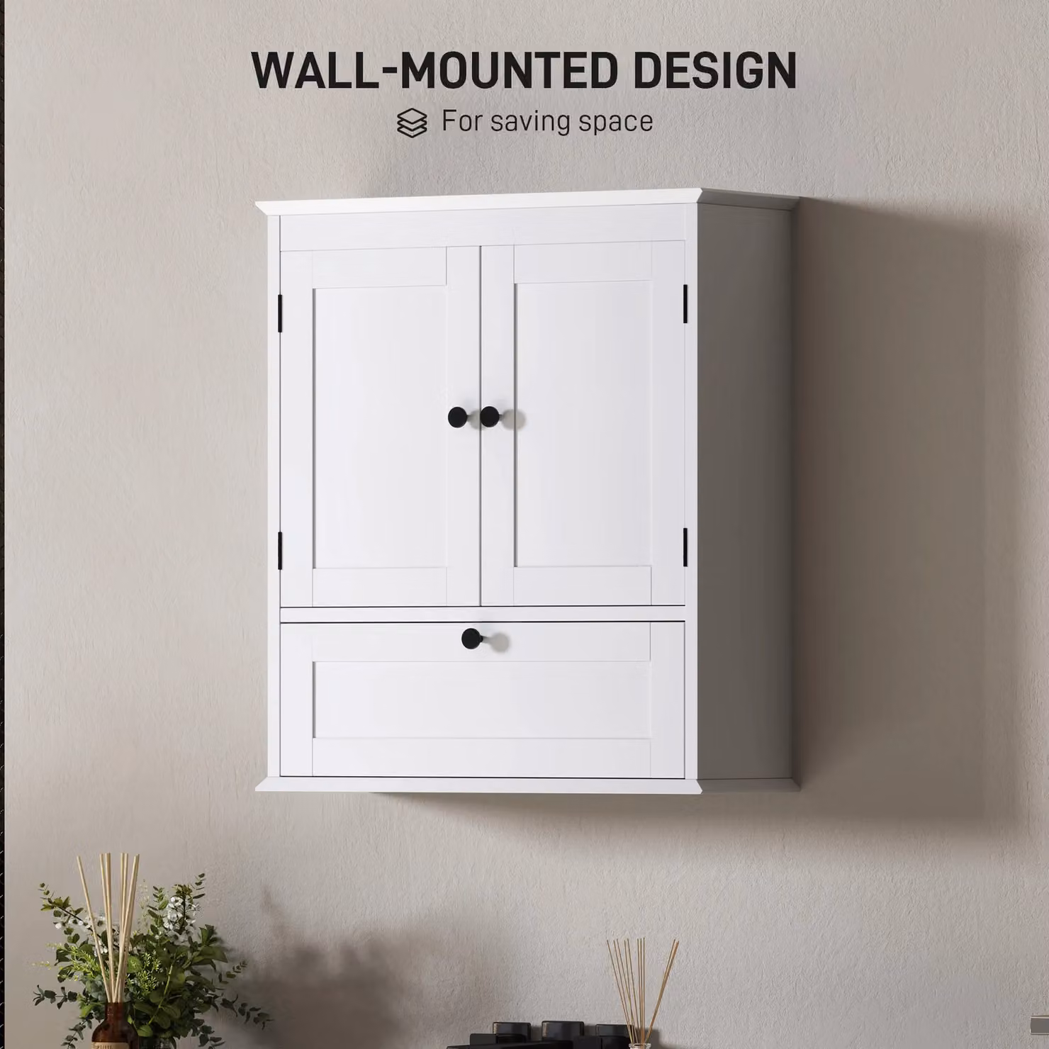 HOMCOM Wall Mounted White Bathroom Cabinet with Hinged Doors and Internal Shelves W/D/H: 55 x 22 x 62 cm – 3