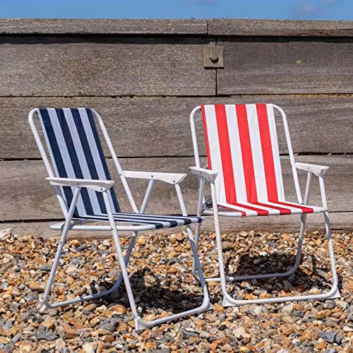 Harbour Housewares Folding Metal Beach Deck Chairs in Blue and Red Stripe, Pack of 2