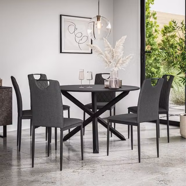 More4Homes Malvern Round Black Dining Table Set with 6 Charcoal Monza Fabric Chairs and Black Oak Legs, Diameter: 120 cm, Height: 75 cm