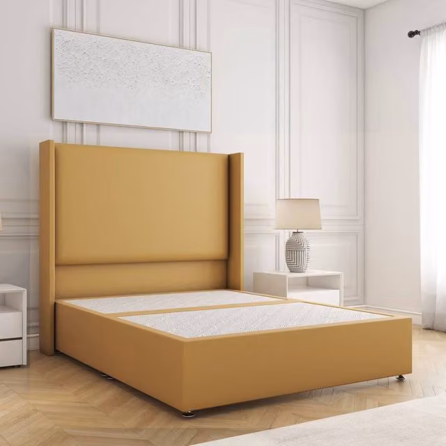 BSSPOKE Austin Double Divan Bed with 54 inch Plush Velvet Headboard in Yellow, W/D/H: 140 x 200 cm