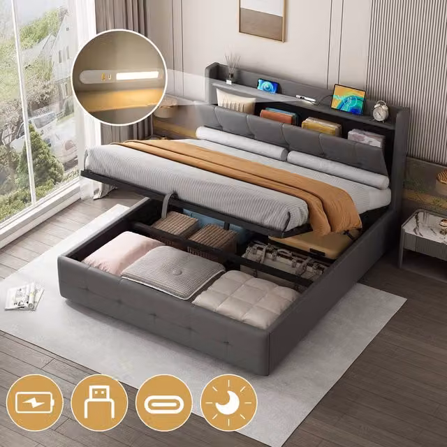 Rolipo King Size Ottoman Bed in Grey PU Leather with Hydraulic Storage, LED Under-Bed Lighting and USB Charging Port, W/D/H: 180 x 200 cm – 1