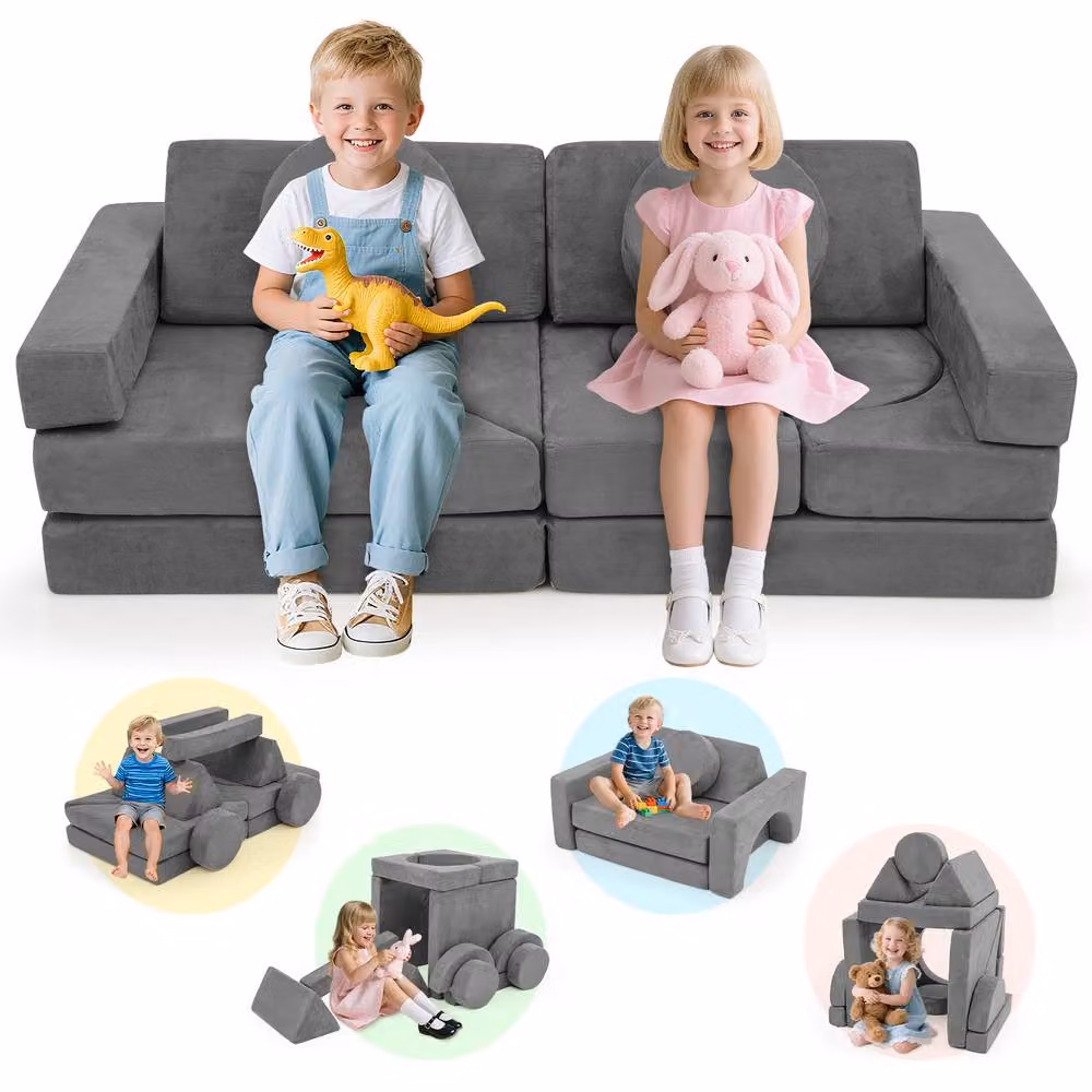 Costway 14 Piece Modular Kids Play Couch Sectional Sofa in Grey Microfibre Fabric – 3