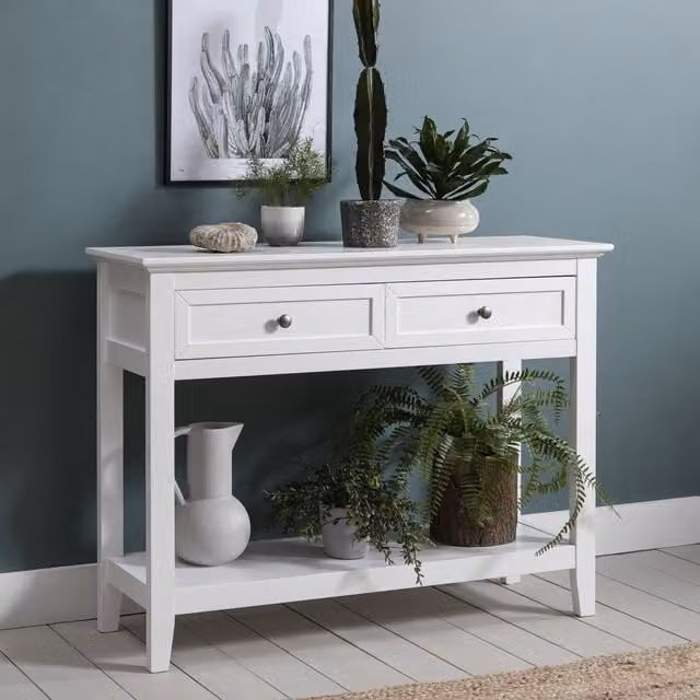 Noa and Nani Karlstad Modern White Lacquered Pine Console Table with 2 Drawers