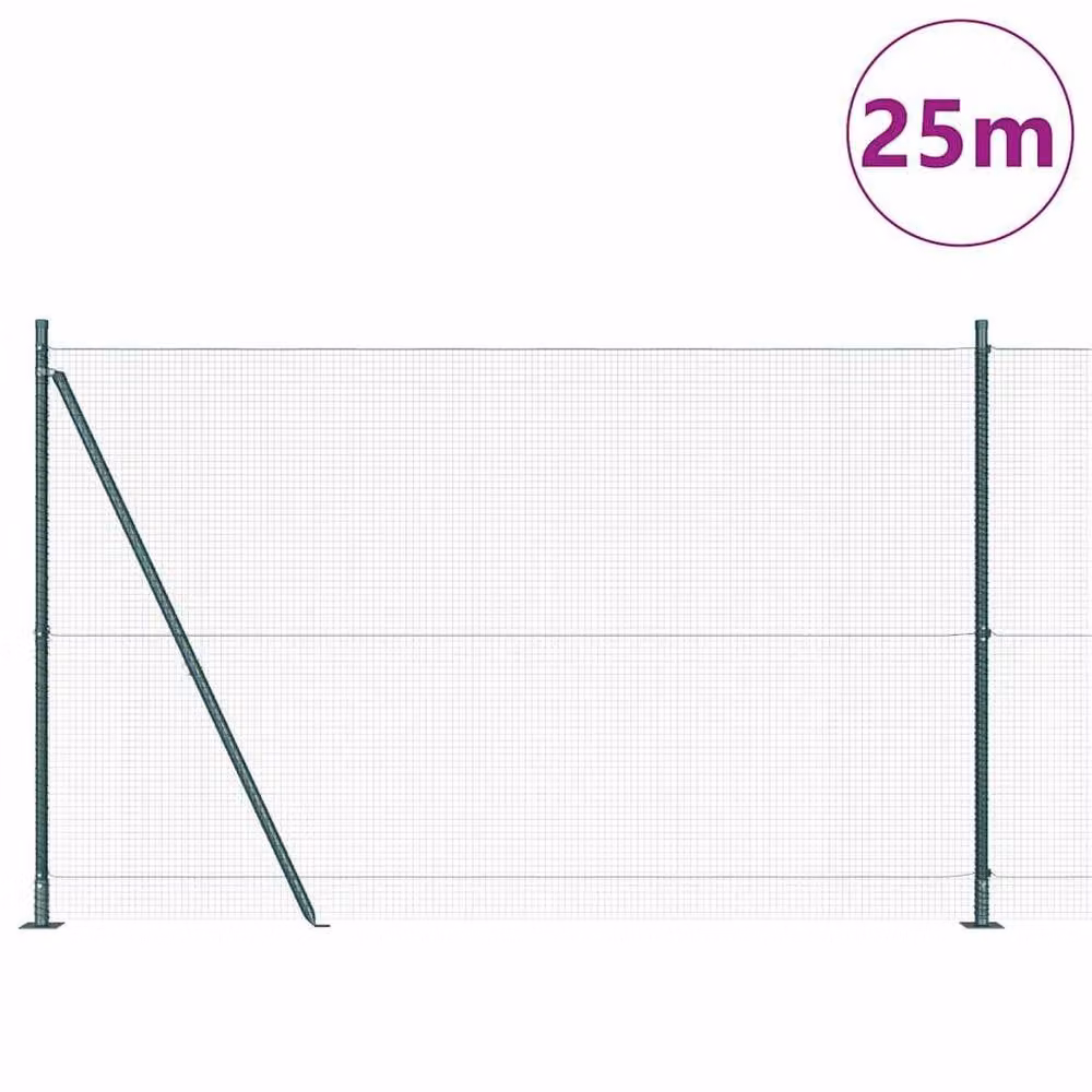Berkfield Home Green Powder-Coated Steel Welded Wire Fence with 13 Flanged Posts, W: 25 m, H: 1.4 m – 2