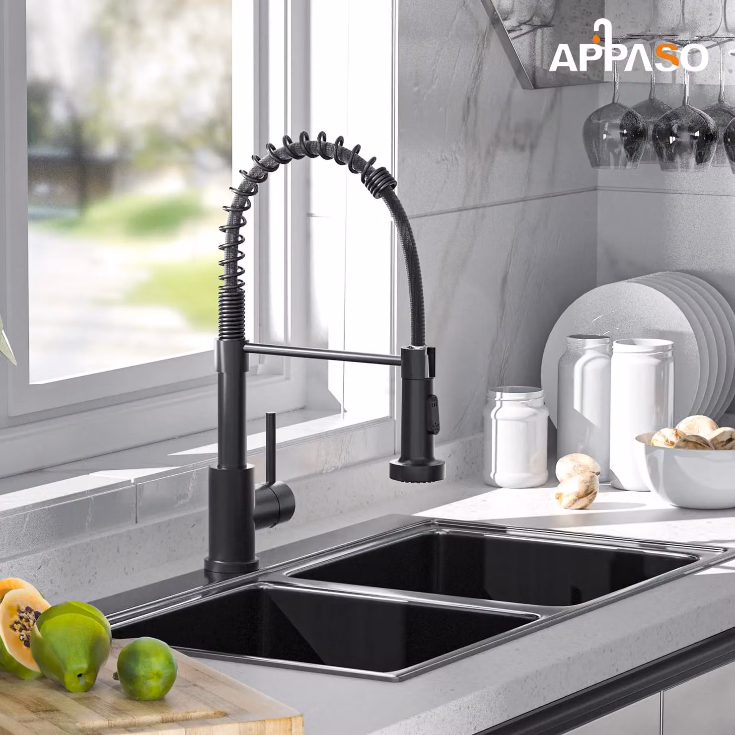Appaso Matt Black Kitchen Tap with Pull Out Spray and 360 Degree Swivel Spout – 2