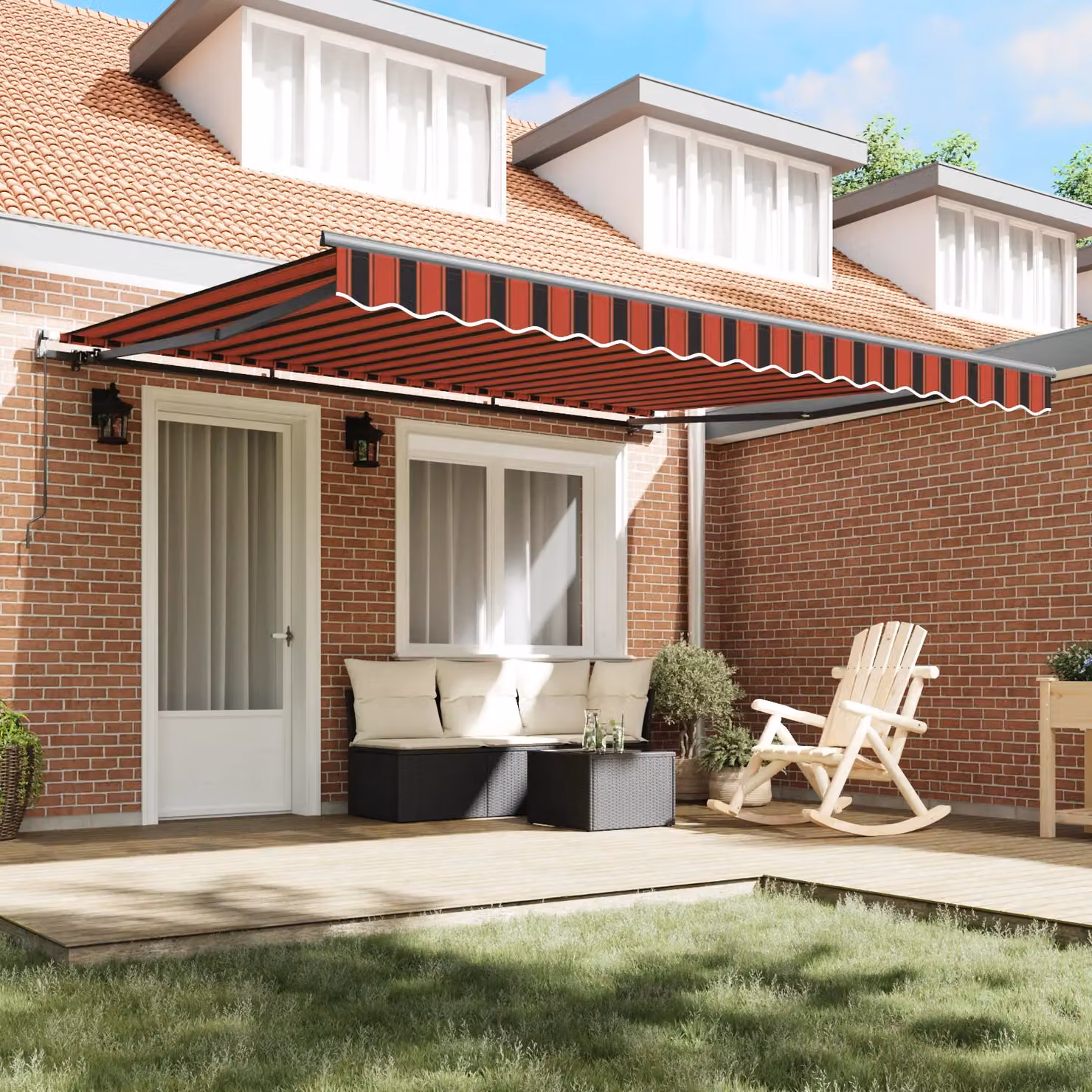 Berkfield Home Manual Retractable Wall-Mounted Polyester Awning in Orange and Brown, W: 400 cm, D: 350 cm – 3