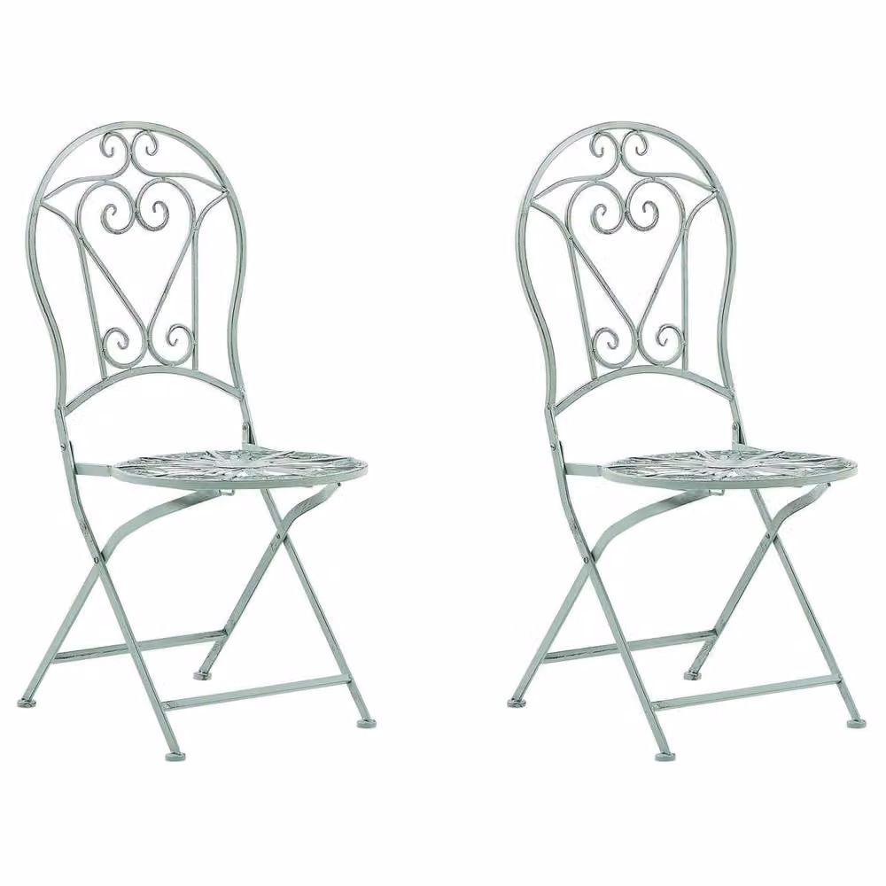 Wyld and Coco Set of 2 Vintage Distressed Green Metal Outdoor Foldable Chairs