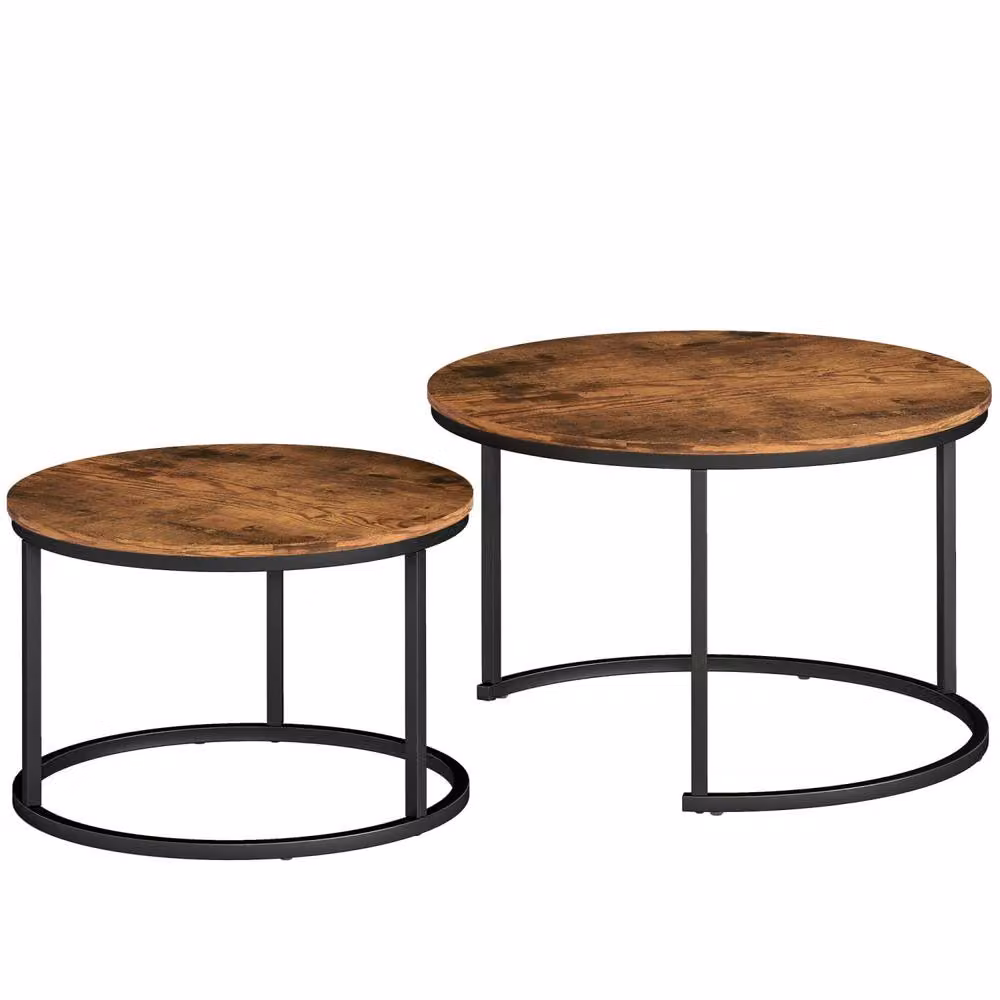 Wyld Haus Pasu Set of 2 Round Nesting Coffee Tables with Rustic Brown Wood Tops and Black Metal Sled Bases – 2