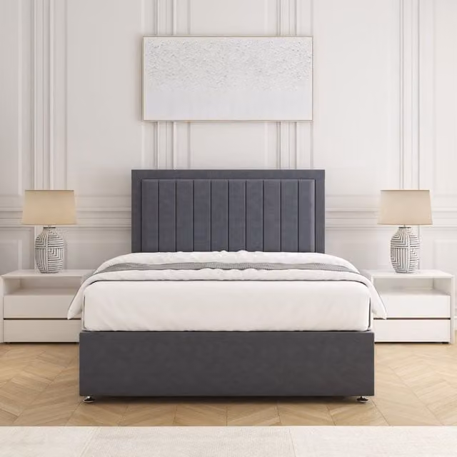 BSSPOKE Zarah Super King Divan Bed with 24 inch Headboard, 2 Drawers and Mattress in Charcoal Grey Plush Velvet