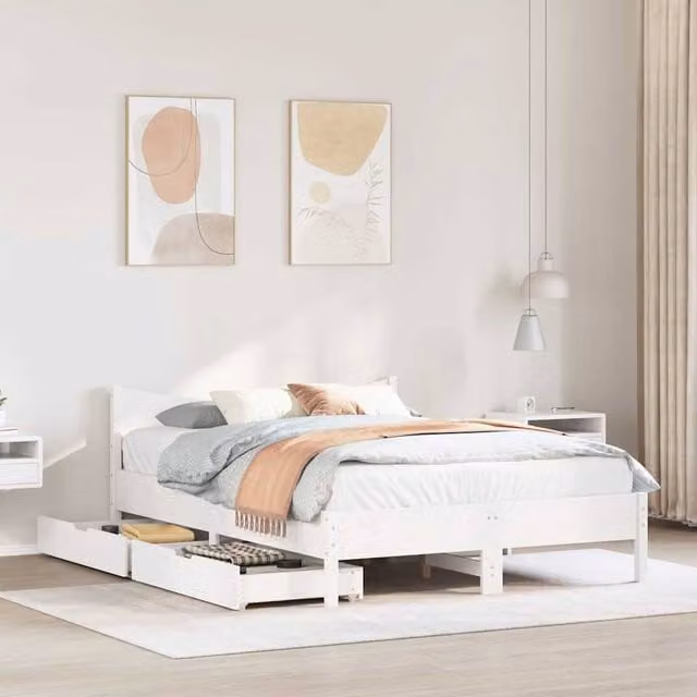 Berkfield Home White Solid Pine Bed Frame with Drawers W/D/H: 140 x 190 cm