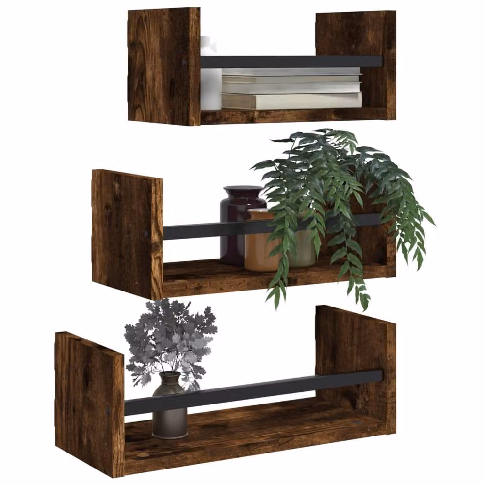 Berkfield Home 3 Piece Wall Mounted Industrial Shelf Set with Bars in Smoked Oak Brown – 3