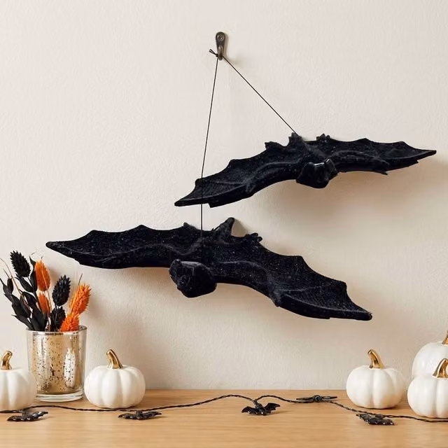 Garden Greatness 2 Pack Black and Multicolour Furry Hanging Halloween Bat Figures