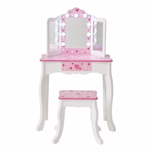 Teamson Kids Gisele Sweethearts Kids Vanity Table and Stool Set with Tri-Fold LED Acrylic Mirror and Drawer Storage, White and Pink