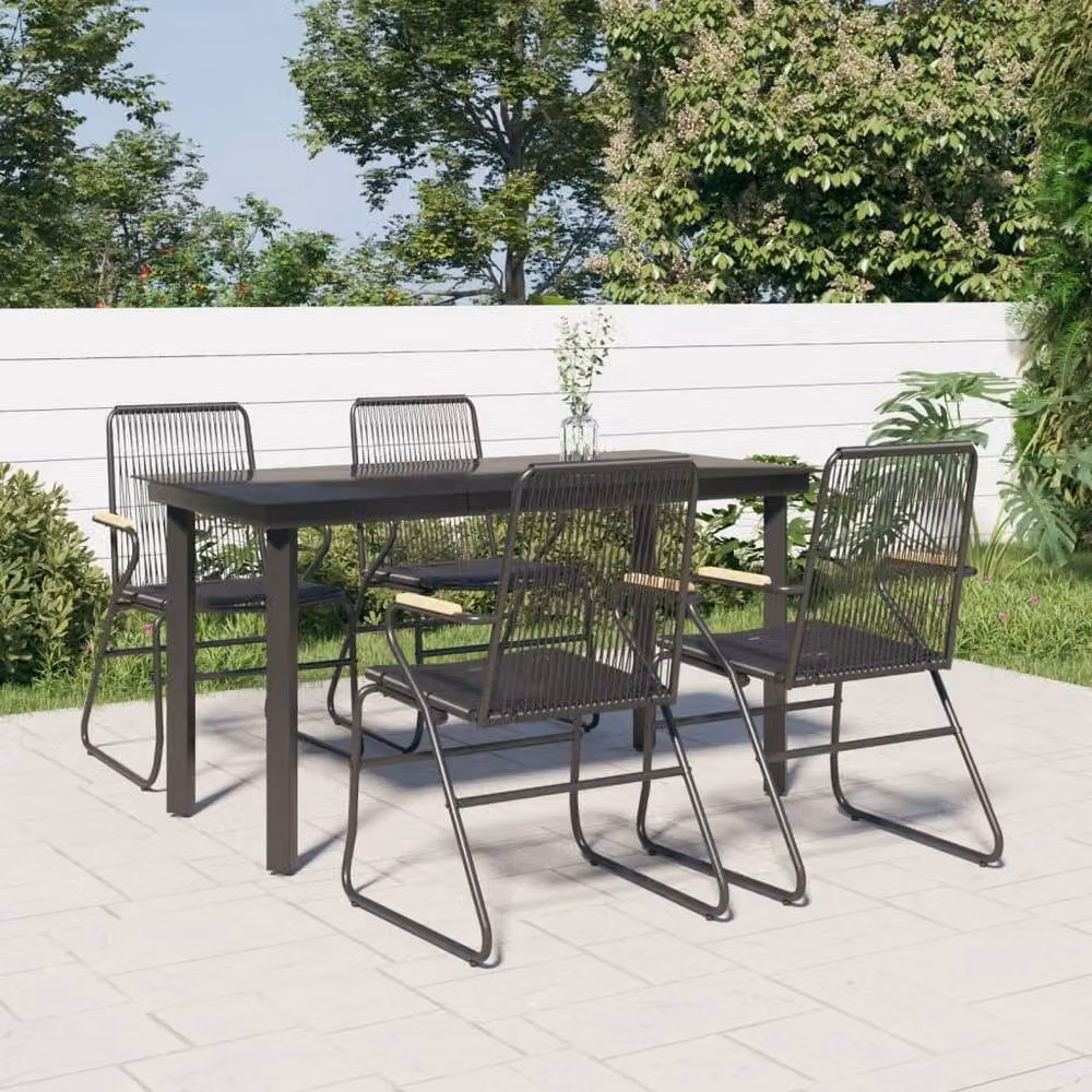 Berkfield Home Beautiful 5 Piece Black PVC Rattan Garden Dining Set with Glass Top Rectangular Table and Teak Wood Accents – 2
