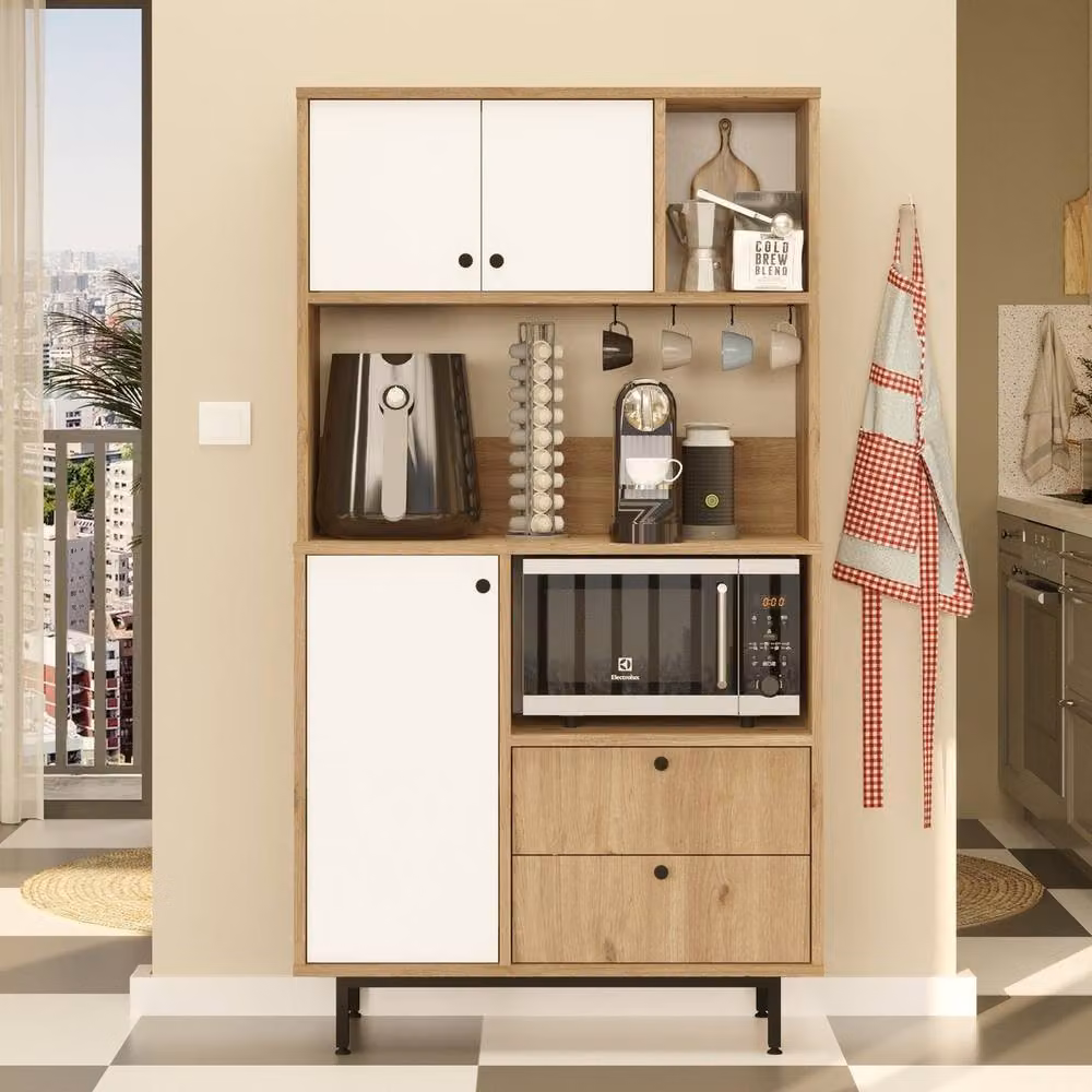 CALICOSY ODE Modern Kitchen Storage Unit with 3 Doors and 2 Drawers in Light Oak, H: 161.2 cm, W: 88.0 cm, D: 35.5 cm – 2