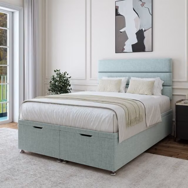 Bedmaster Linen Ottoman Divan Base and Lined Headboard in Blue, W/D/H: 180 x 200 cm – 1
