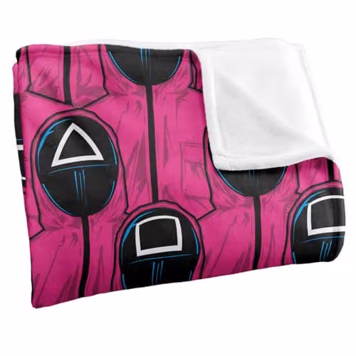 Netflix Squid Game Pink Guards Pattern Officially Licensed Super Soft Fleece Throw Blanket in White and Pink, W/D/H: 152 x 127 cm – 2