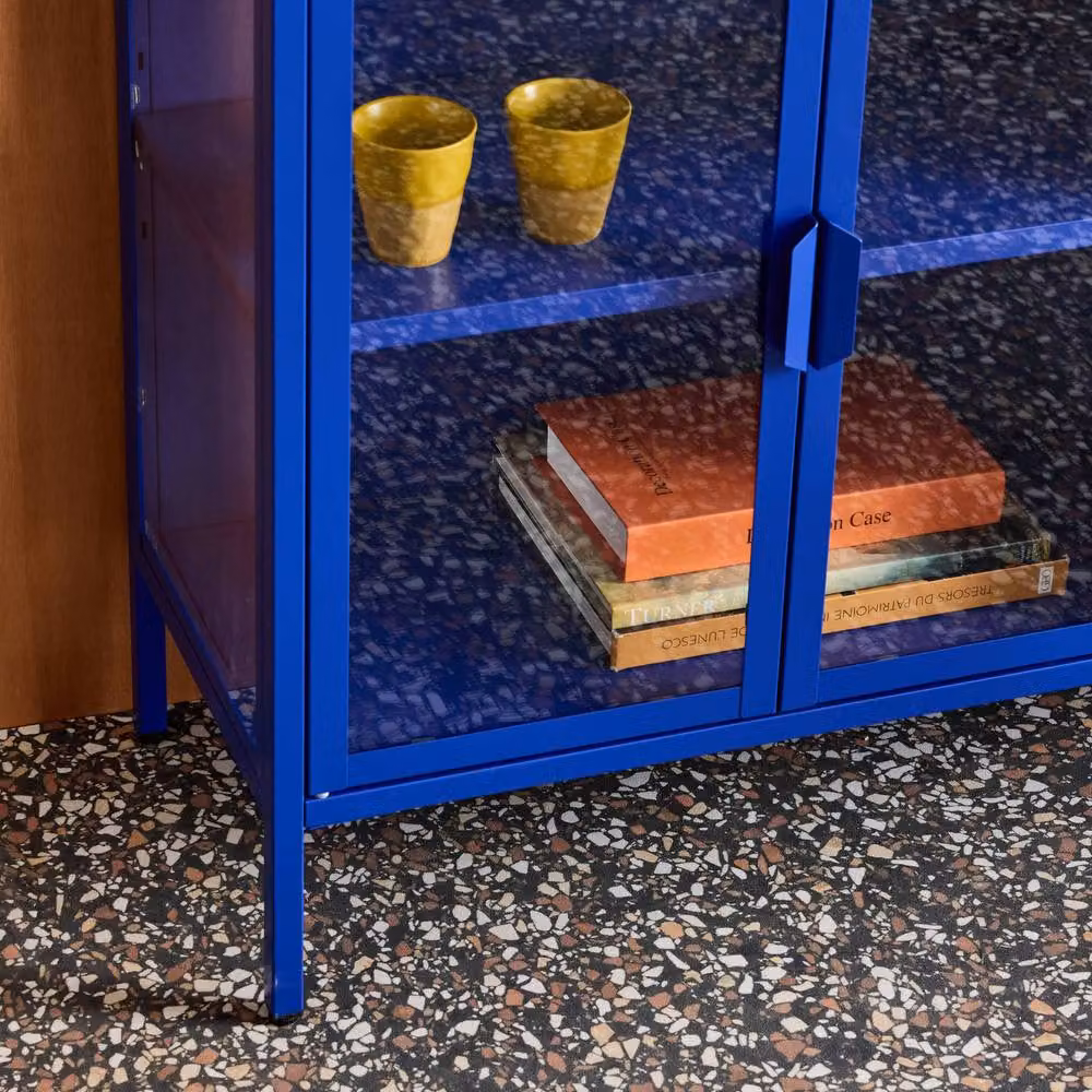 Sweekeek Industrial Metal and Tempered Glass Sideboard with 3 Doors, Blue, W: 100 cm – 3