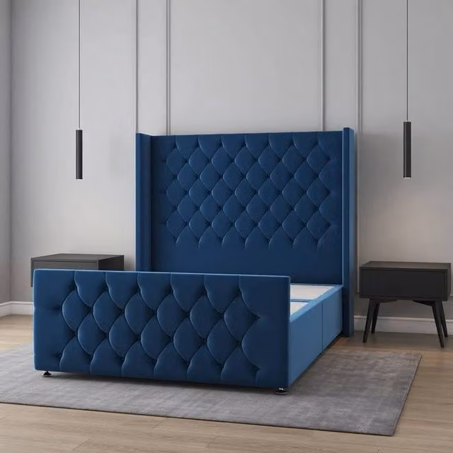 Regional Furnishings Blue Velvet Plush Divan Bed Set with 54 inch Headboard and 20 inch Footboard, Double, W/D/H: 140 x 200 cm
