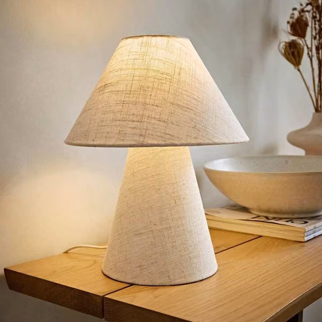 ValueLights Gigi Minimalist Cone Table Lamp in Beige Fabric