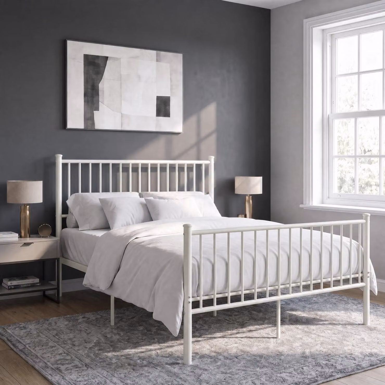 DHS White Lacquered Metal Vertical Bed Frame with High Headboard, W/D/H: 100 x 200 cm