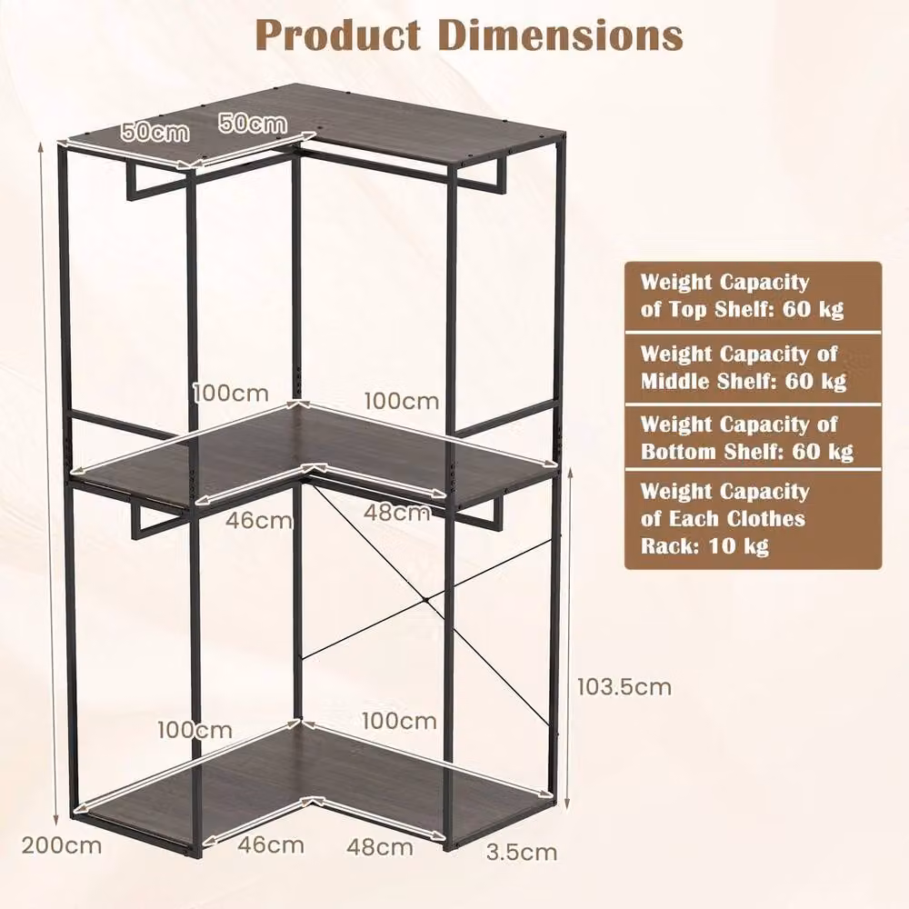 EONLION Modern L-shaped Coat Rack and Clothes Rail in Matt Black, W/D/H: 200 x 100 x 100 cm – 2