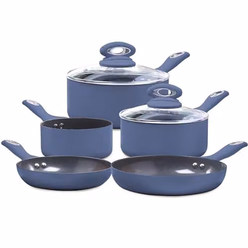 Cermalon 5-Piece Ceramic Cookware Set in Blue with Grey Accents, including Frying Pans and Saucepans with Lids